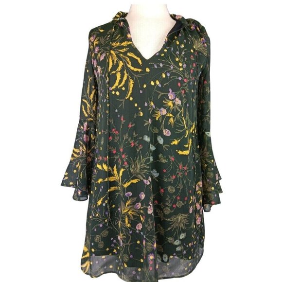 Zara Dress Floral Pattern Chiffon Mini Dress Sz S bell arms Boho/Chic - Picture 4 of 8